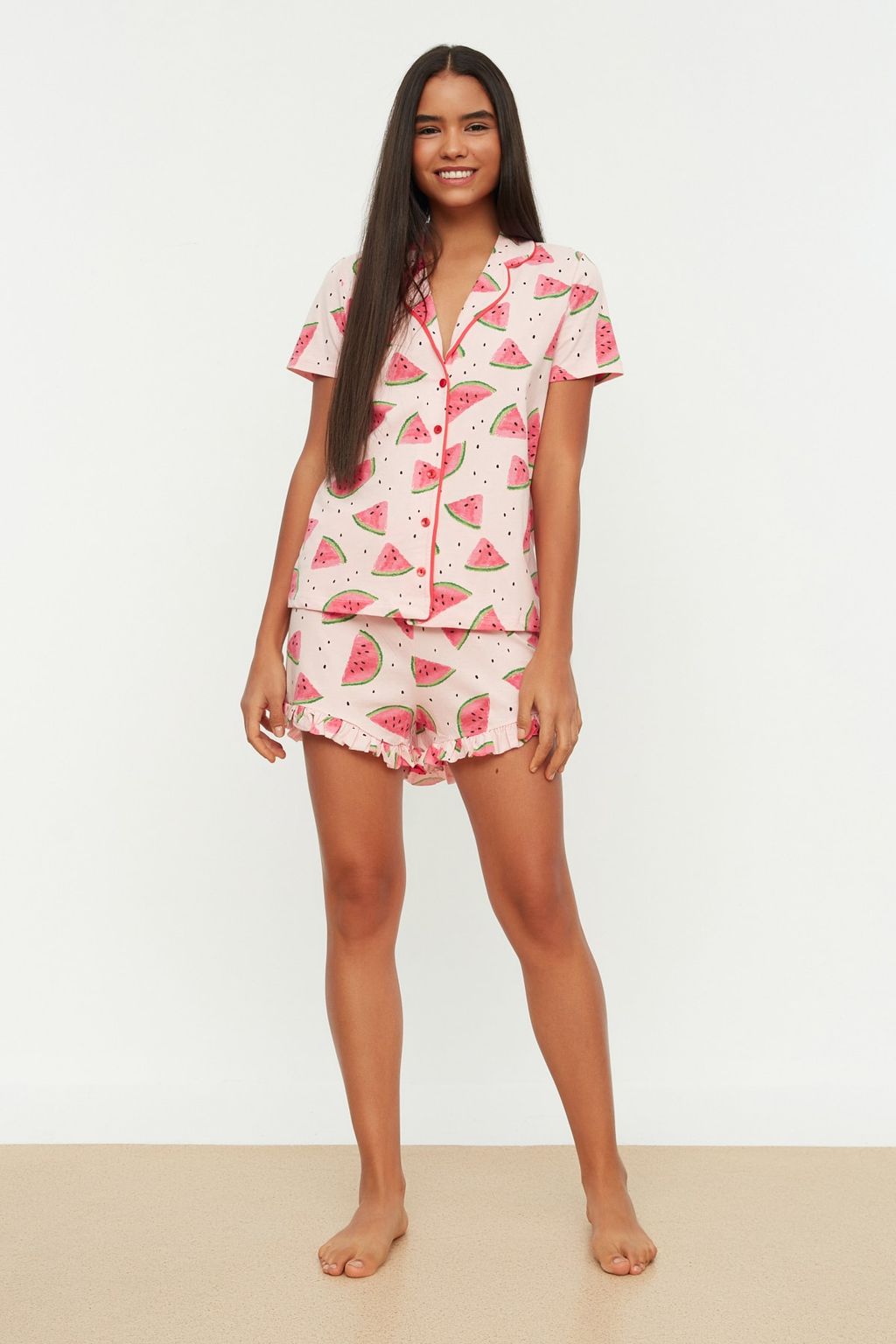Trendyolmilla Pembe %100 Pamuklu Karpuz Desenli F?rf?rl? Sortlu Orme Pijama Tak?m? THMSS21PT0670 фото 11
