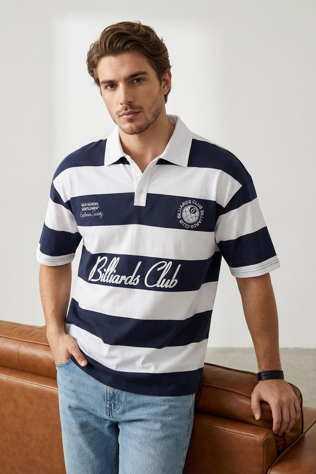 TRENDYOL MAN Lacivert Oversize/Genis Kesim Cizgili Bask?l? Nak?sl? %100 Pamuklu Polo Yaka T-shirt TMNSS25PO00014 - Trendyolmilla фото 6