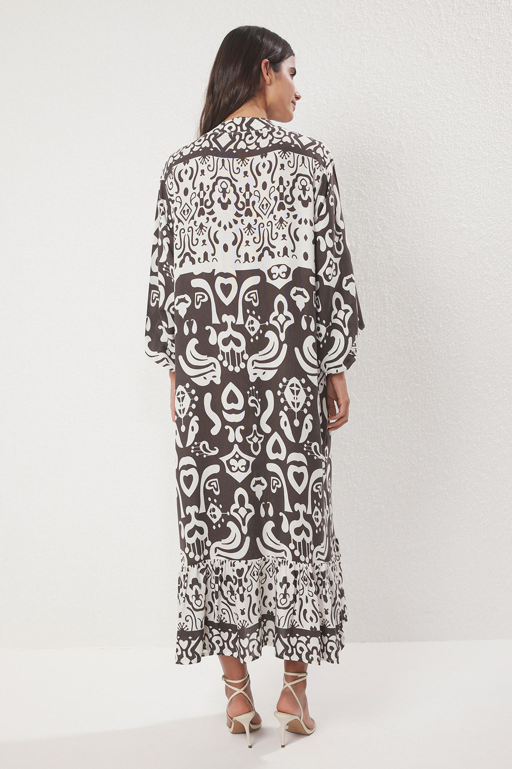 Kahverengi Midi Genis Kesim Bordur Desen Detayl? Dokuma Elbise TWOSS24EL01019