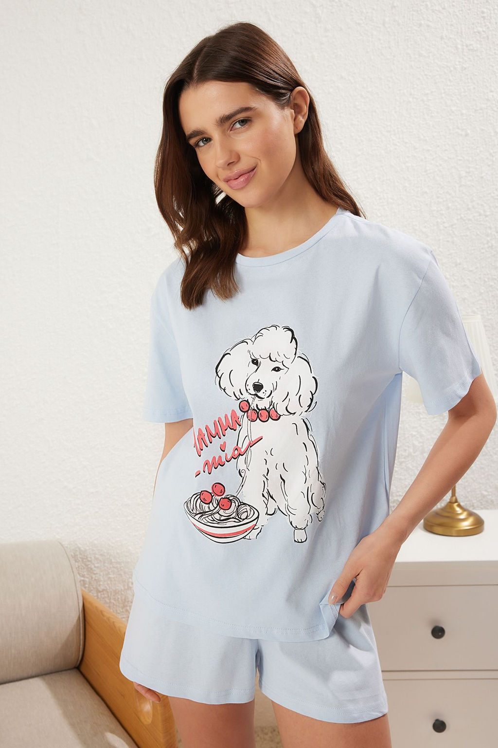 Trendyolmilla Mavi %100 Pamuklu Kopekli ve Sloganl? Sortlu Orme Pijama Tak?m? THMSS25PT00272 фото 2