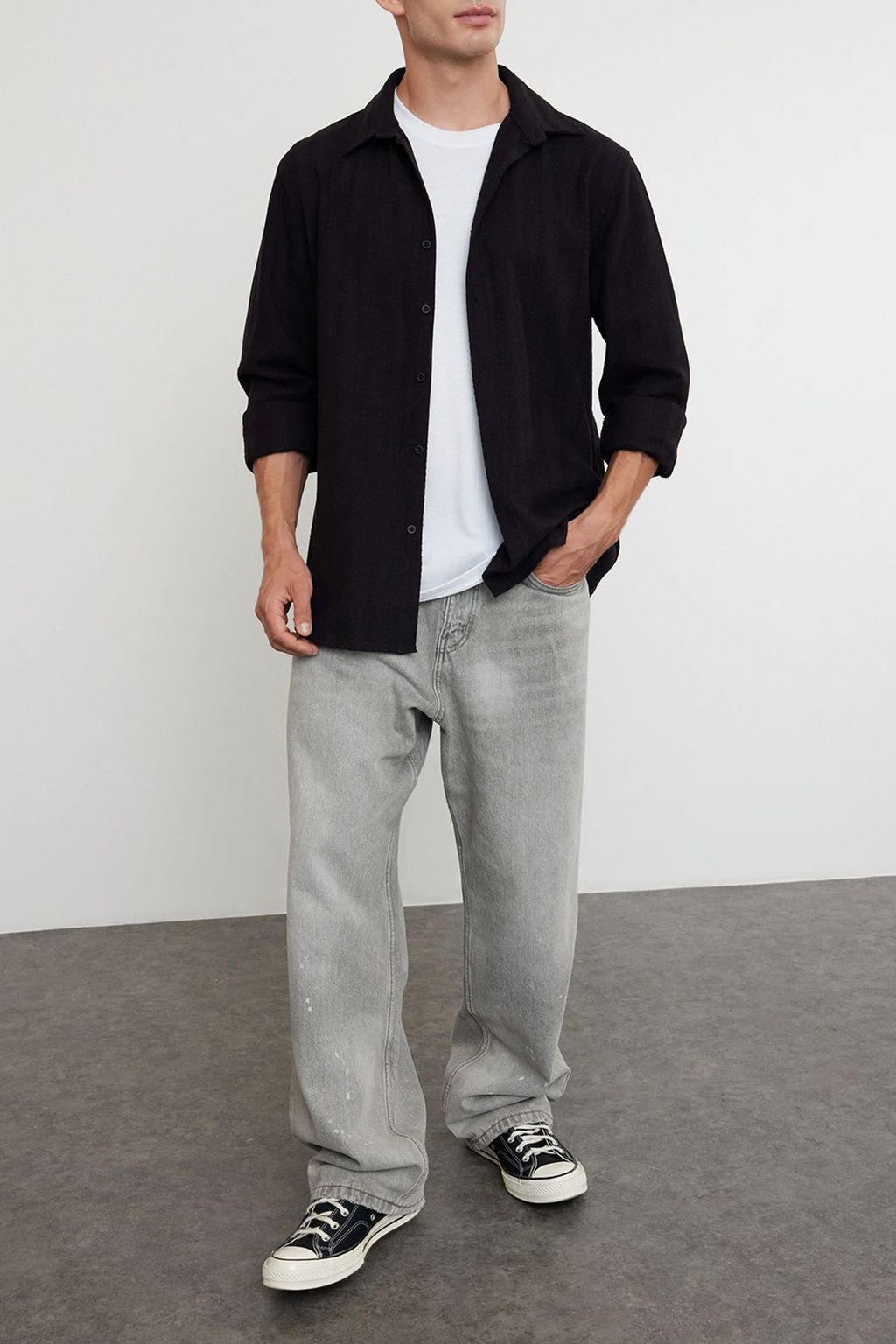 Siyah %100 Pamuk Dokulu Pamuklu Regular Fit K?sl?k Gomlek TMNAW25GO00008 - Trendyolmilla фото 3