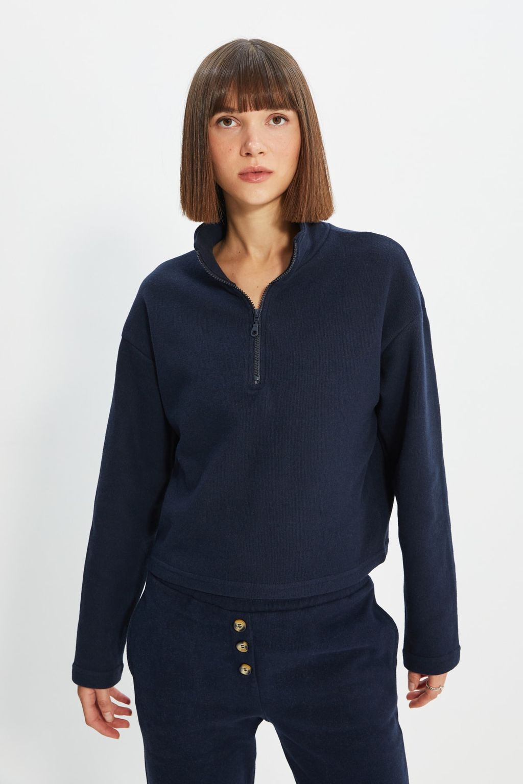 Lacivert Selanik/Triko Gorunumlu Fermuarl? Yaka Regular/Normal Kal?p Orme Sweatshirt TWOAW22SW0732