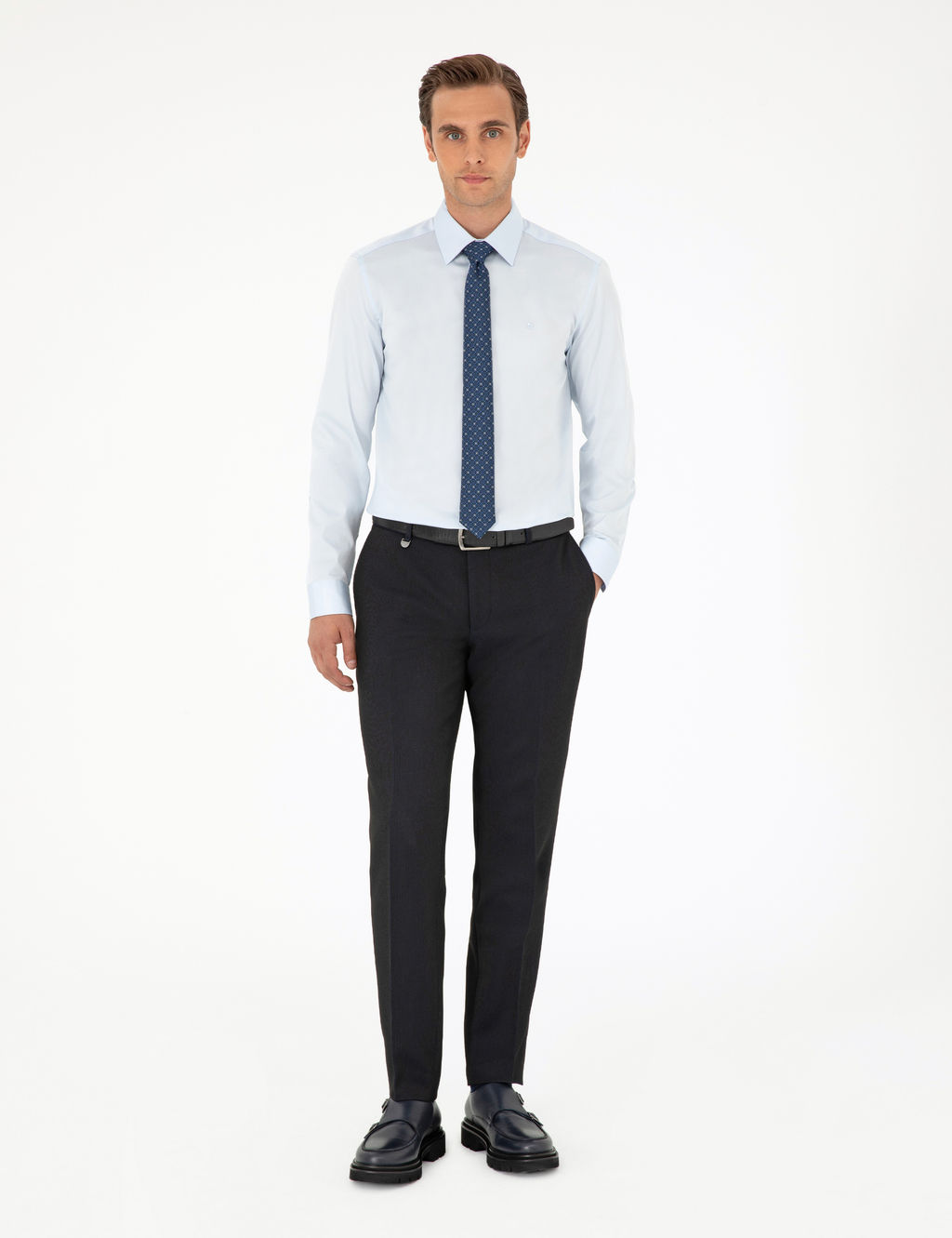 A__k Mavi %100 Pamuk Parlak Saten Slim Fit Uzun Kollu Basic G_mlek