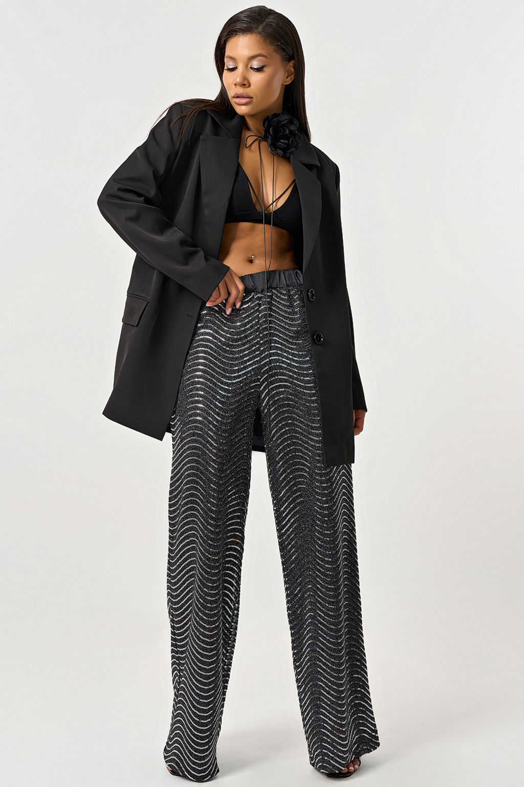 Брюки нарядные с пайетками серебристо-черные