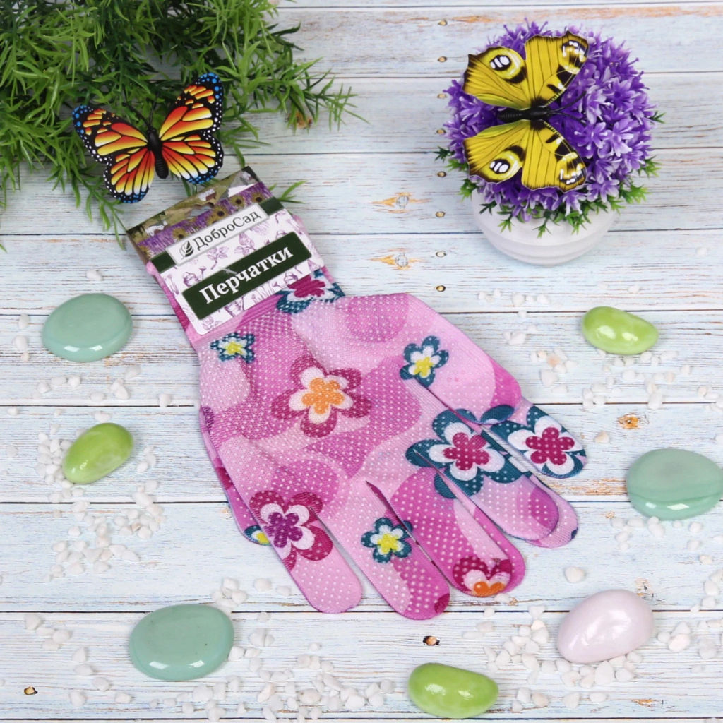 Цена за 12 шт. Перчатки нейлоновые "Лайт-Цветение" с ПВХ точкой 8 р-р ДоброСад