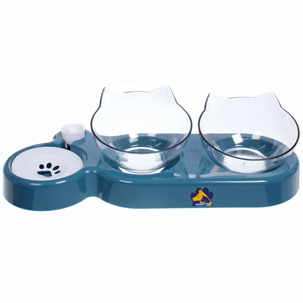 Миски пластиковые на подставке 2шт с дозатором под бутылку "МУРОЧКИН", цвет лазурный, 22*40*14*13см/250мл без бутылки