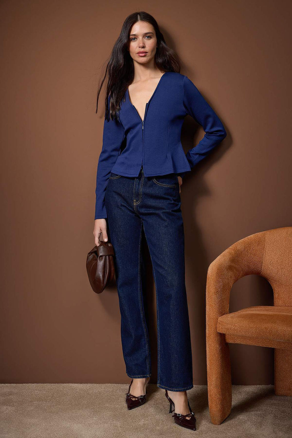 Lacivert Soft Touch V Yaka Fermuarl? Regular/Normal Kesim Orme Bluz TWOAW26BZ00180