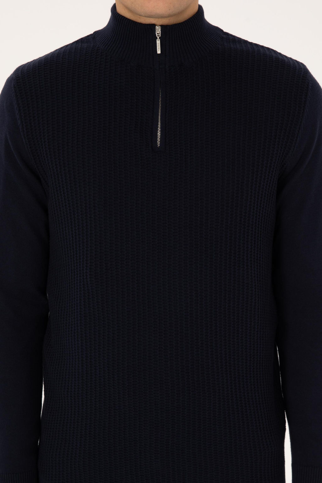 Erkek Slim Fit Yar_m Fermuarl_ Lacivert Kazak