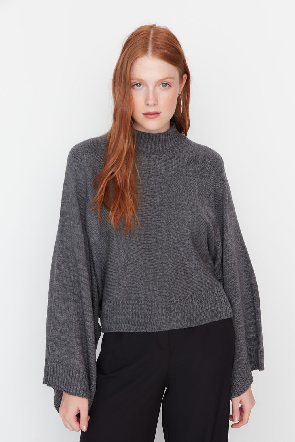 Antrasit Genis Kal?p Ispanyol Kol Triko Kazak TWOAW23KZ01838