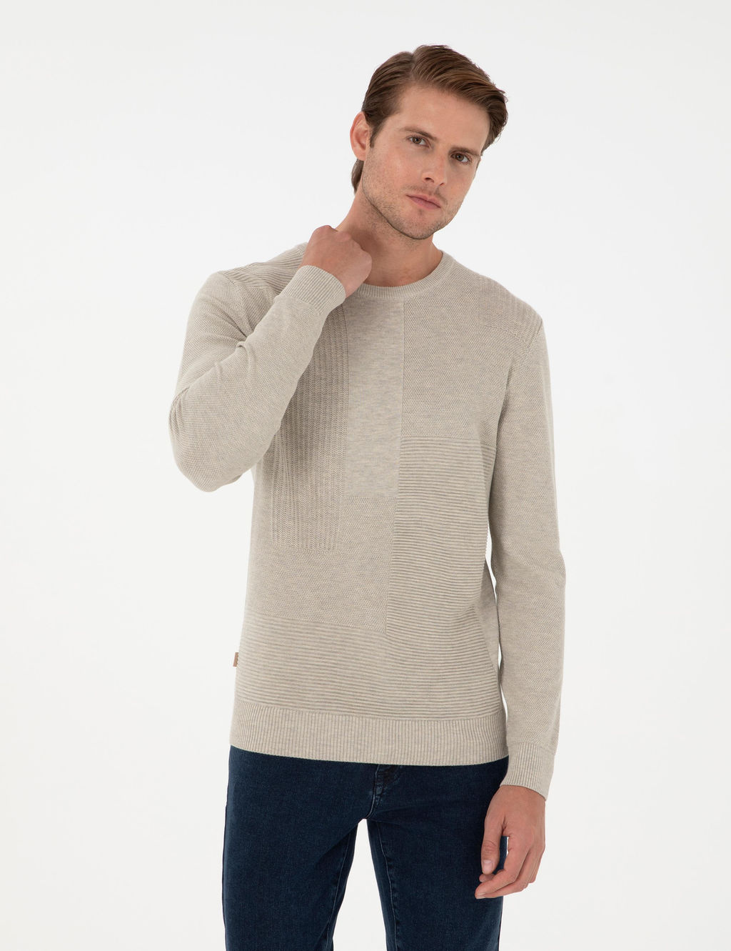 Kum Melanj Slim Fit Bisiklet Yaka Y_n Kar___ml_ Triko Kazak