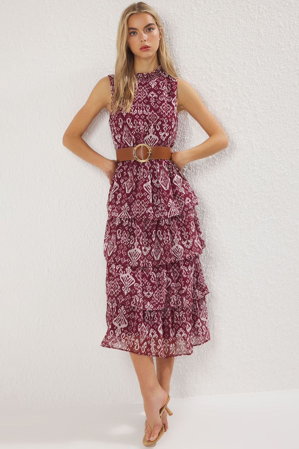 Trendyolmilla Bordo Kemerli Etnik Etegi Belden Ac?lan Maxi Dokuma Elbise TWOSS25EL00817