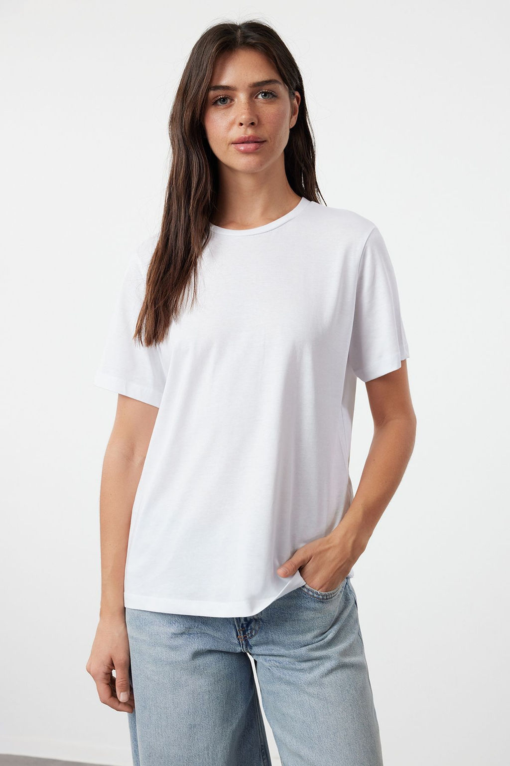 Pembe-beyaz %100 Pamuk Bisiklet Yaka 2li Paket Orme T-Shirt TWOSS20TS0141