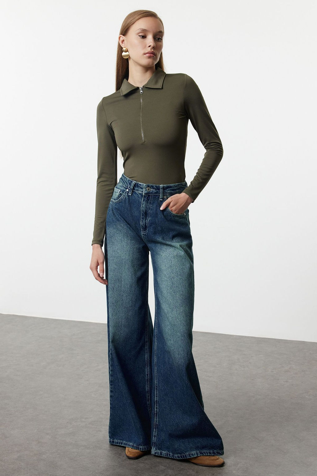 Haki Fermuar Yaka Detayl? C?tc?tl? Esnek Orme Body TWOAW24BD00005