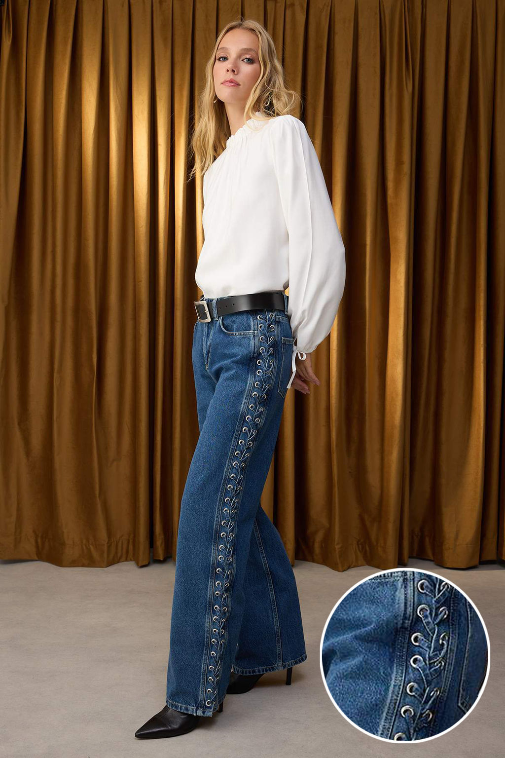Ozel Koleksiyon Mavi Kusgozu Baglama Detayl? Yuksek Bel Wide Leg Jeans TWOAW26JE00012 - Trendyolmilla фото 7