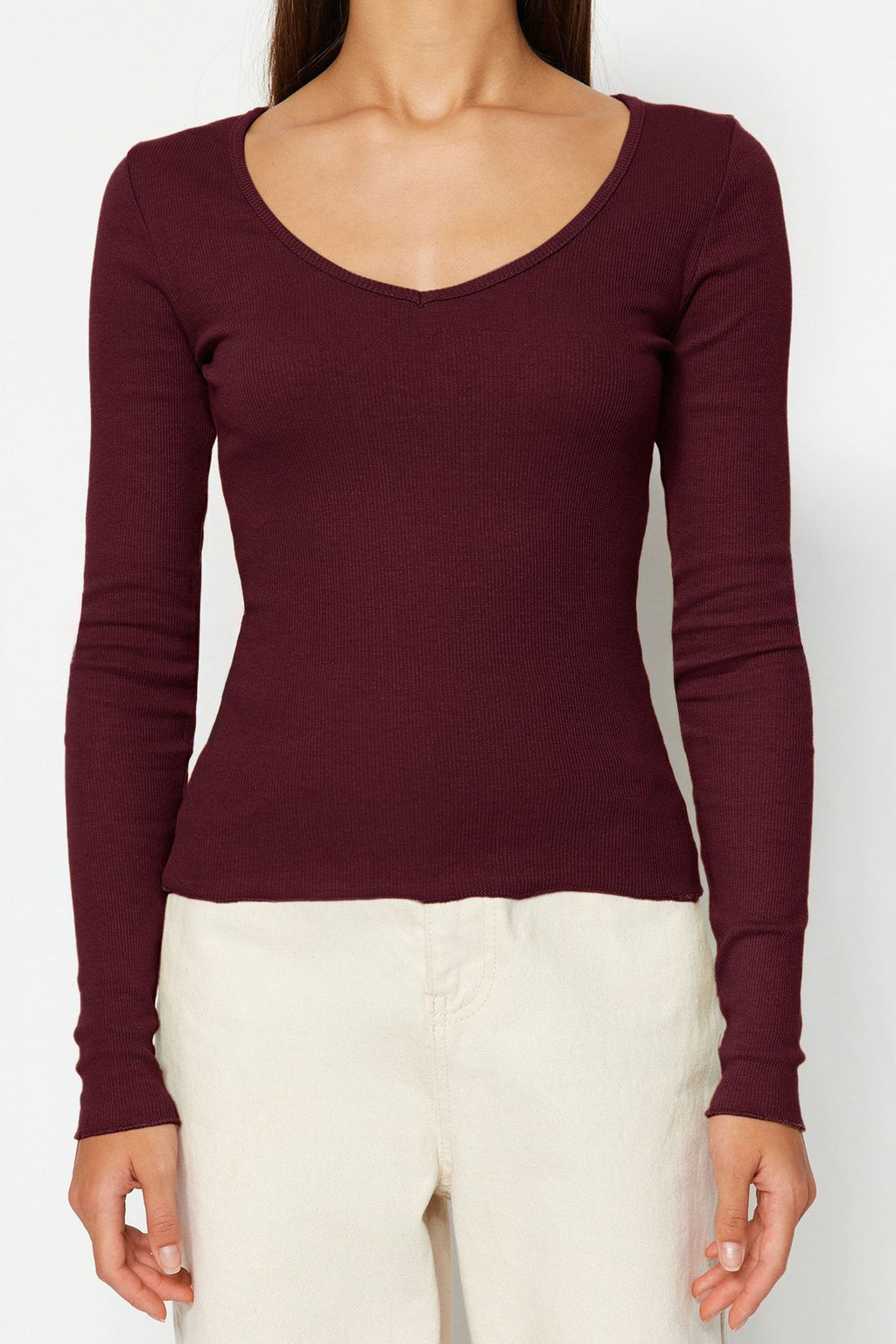 Bordo-Tas 2li Paket V Yaka Fitted/Vucuda Oturan Pamuklu Esnek Orme Bluz TWOAW24BZ00068