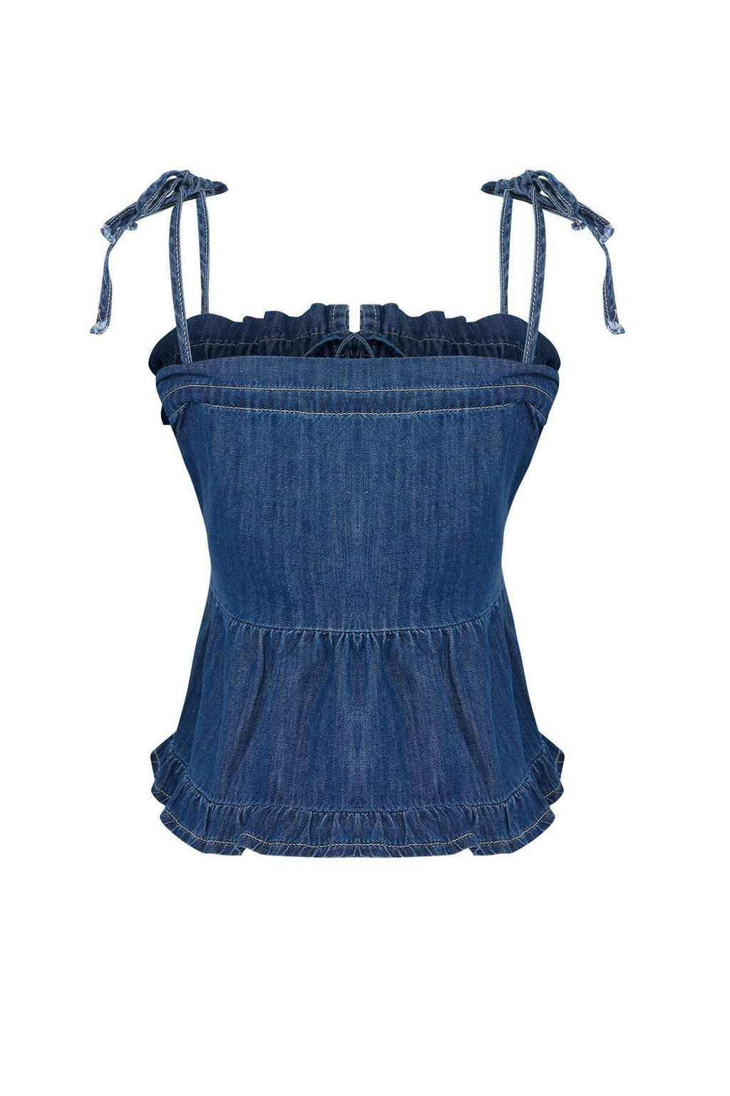 Mavi Omuzdan Baglamal? Etek Ucu F?f?rl? Denim Bluz TWOSS25BZ00434