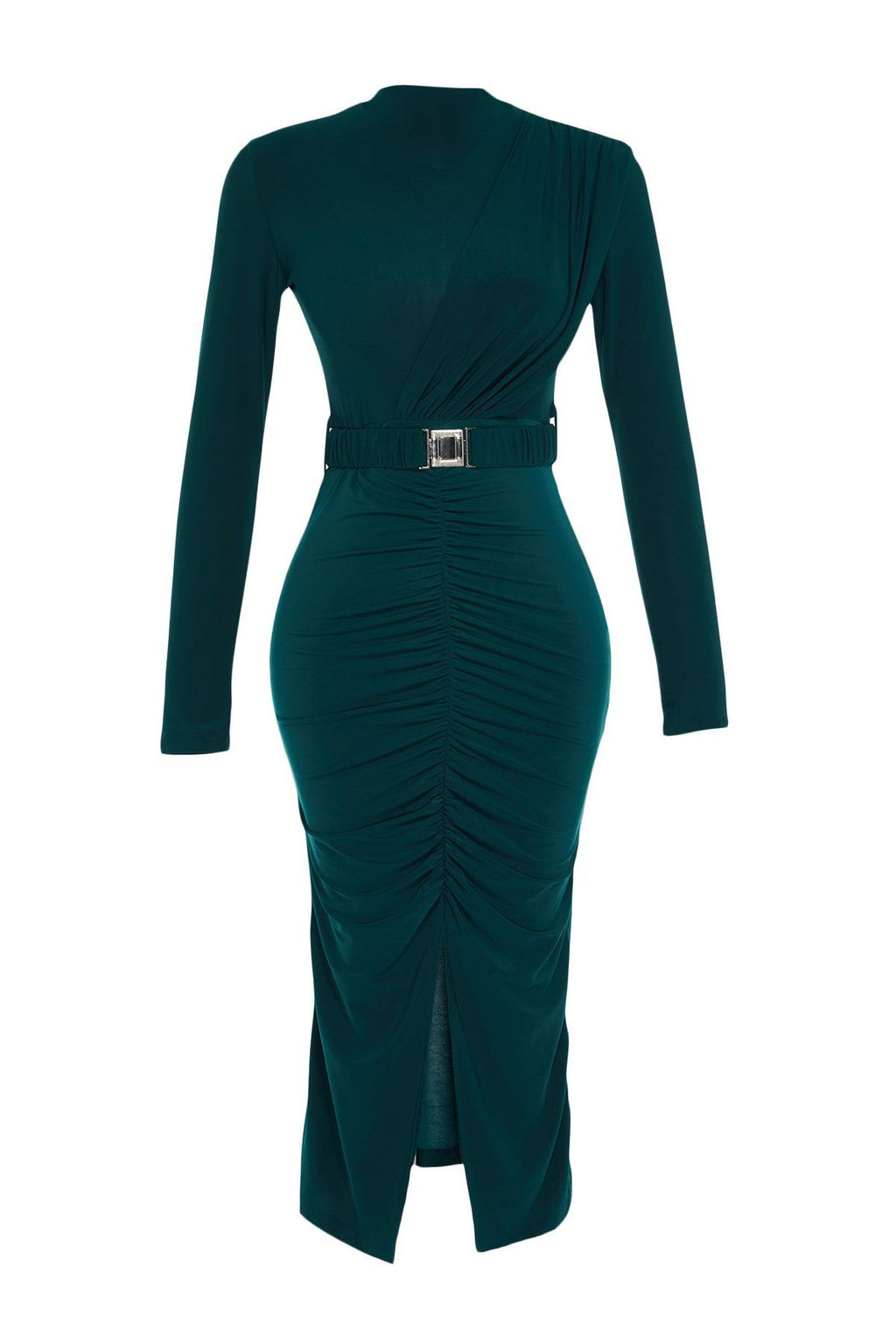 TRENDYOLMILLA Antrasit Duz Kemerli Midi Fitted/Vucuda Oturan Dik Yaka Drapeli Kemerli Orme Elbise TWOAW22EL0434  фото 8