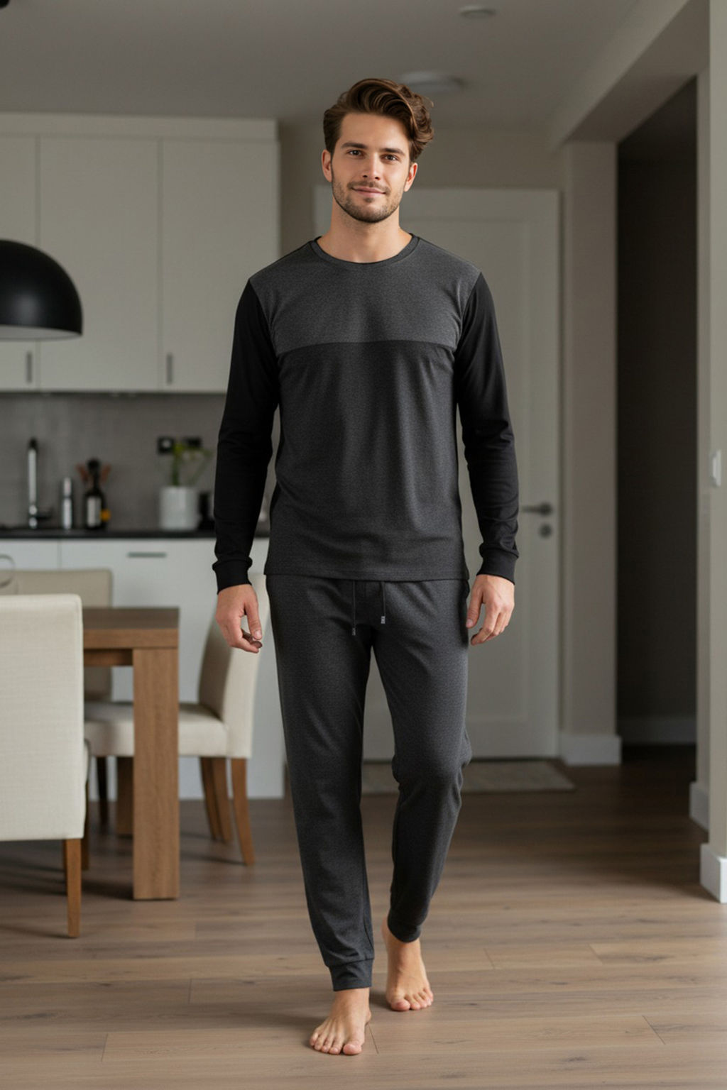 Antrasit Melanj Regular Kal?p Renk Bloklu Orme Pijama Tak?m? TMNAW26PT00001