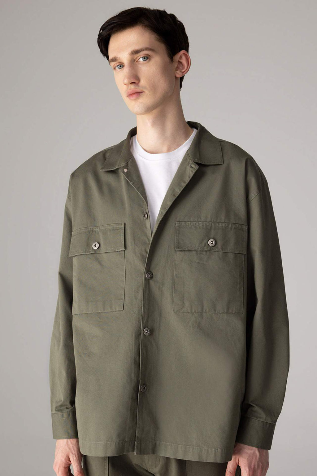 Oversize Genis Kal?p Polo Yaka Twill Uzun Kollu Gomlek Ceket - Defacto фото 2