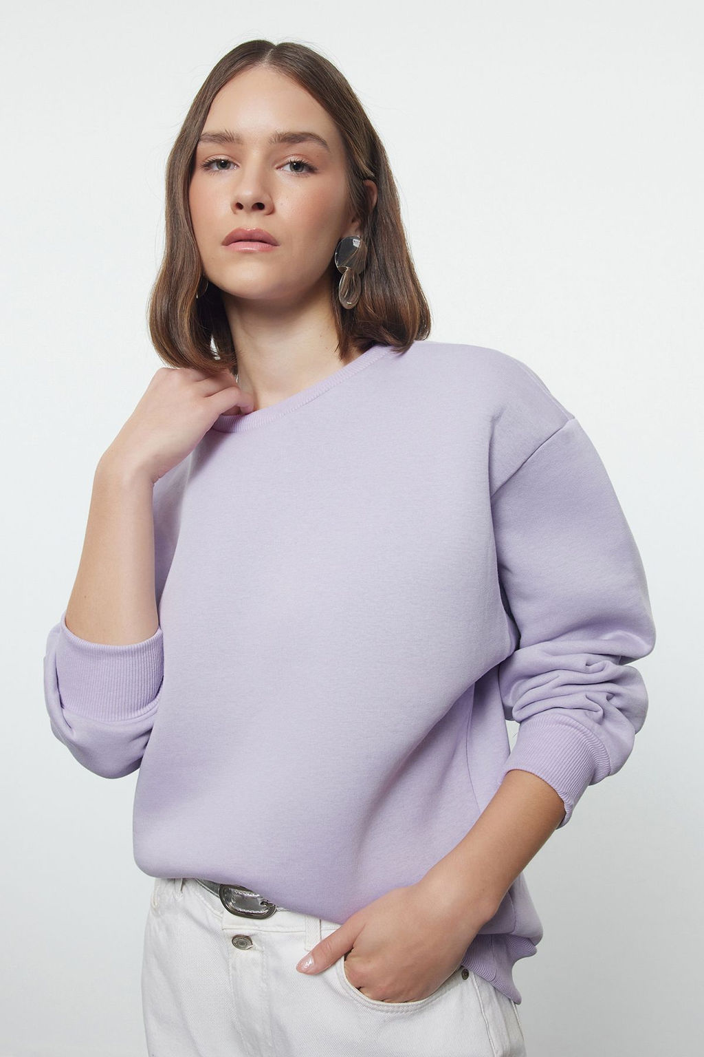 Lila Kal?n Ici Polarl? Regular/Normal Kal?p Bisiklet Yaka Basic Orme Sweatshirt TWOAW24SW00101
