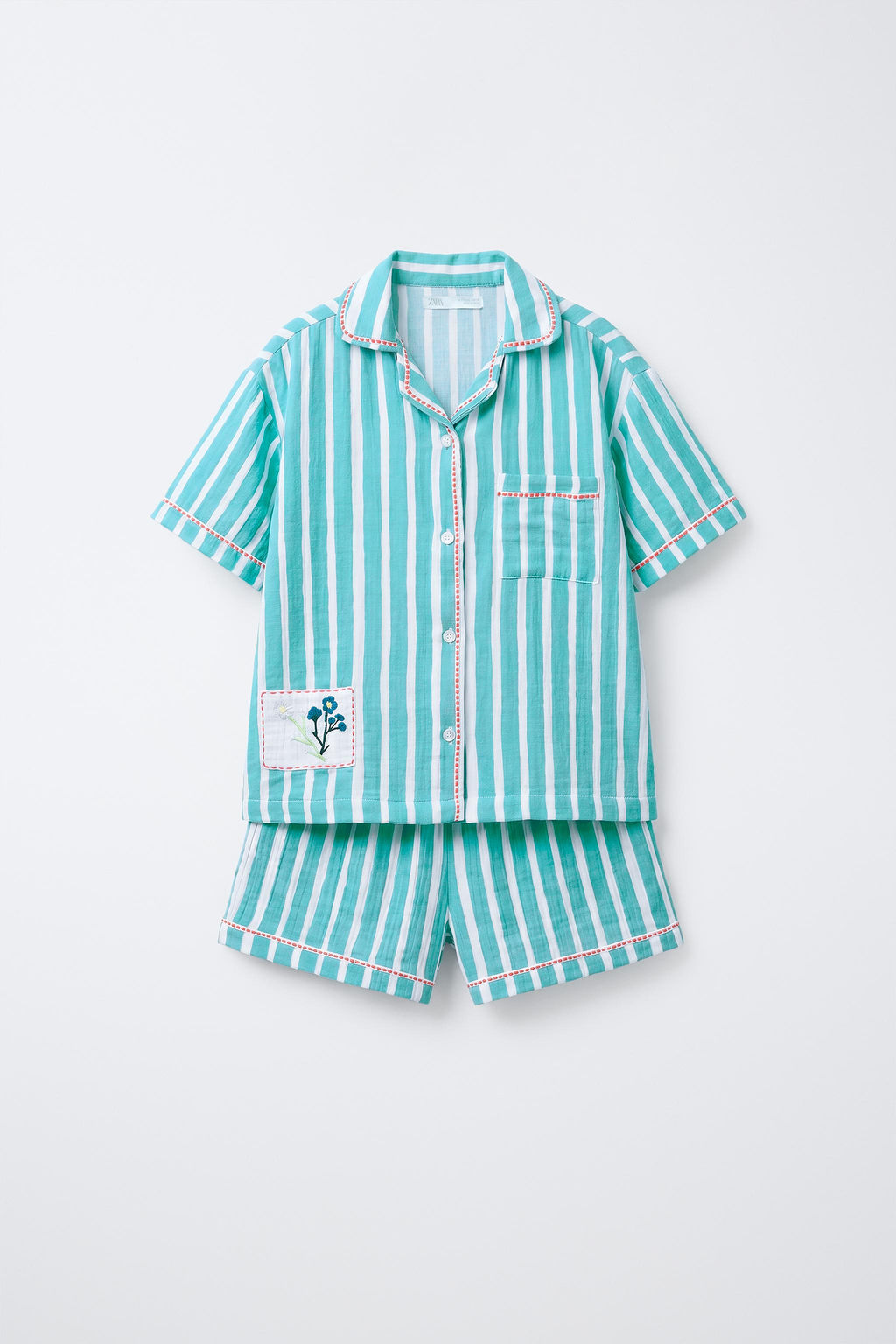 6-14 A?OS/ PIJAMA CAMISERO RAYAS PARCHE FLORES / Azul / Blanco