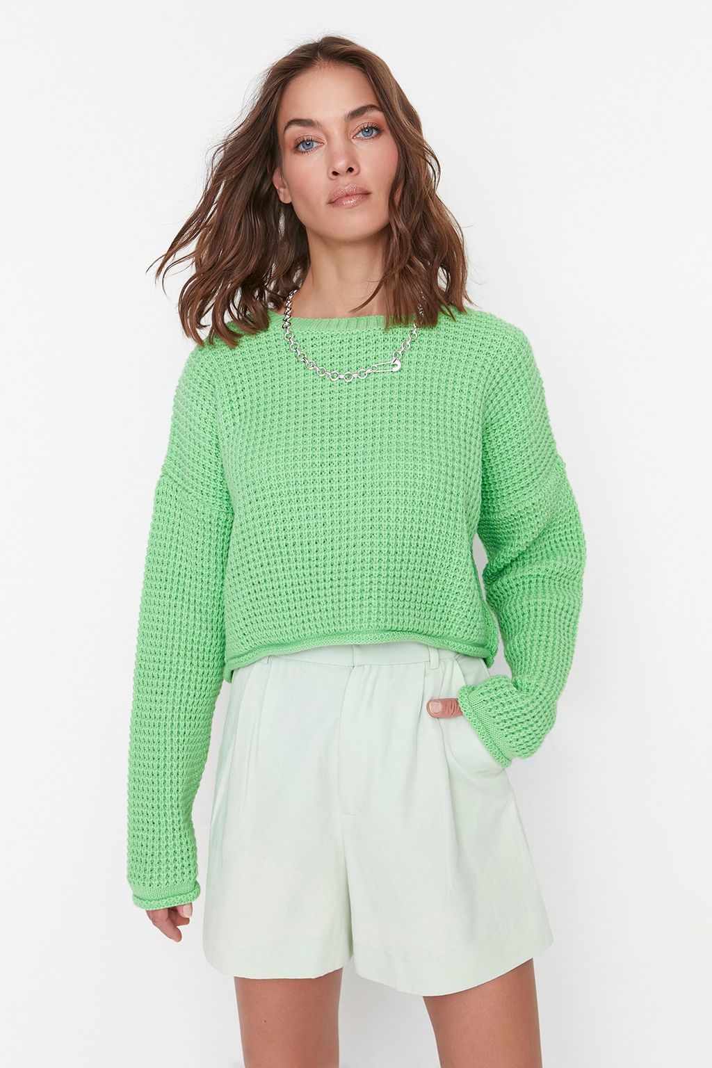 Yesil Crop Genis Kal?p Triko Kazak TWOAW23KZ01193 - Trendyolmilla фото 2