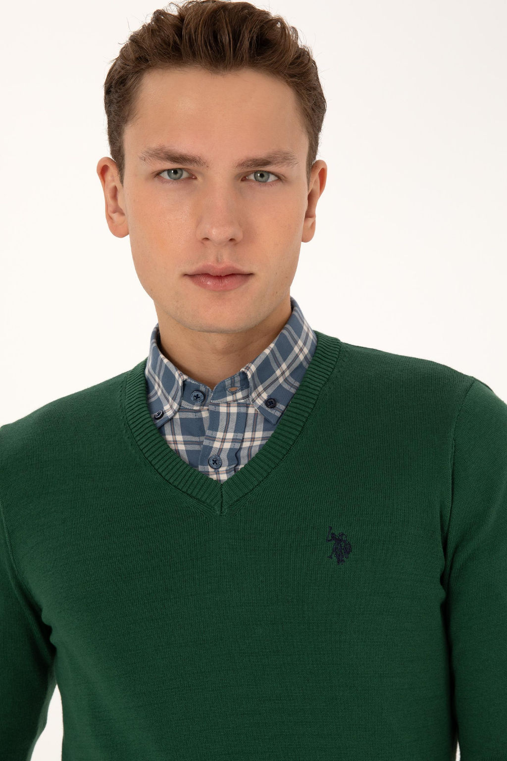 Erkek Slim Fit V Yaka Koyu Ye_il Basic Triko Kazak - U.s. polo assn фото 2