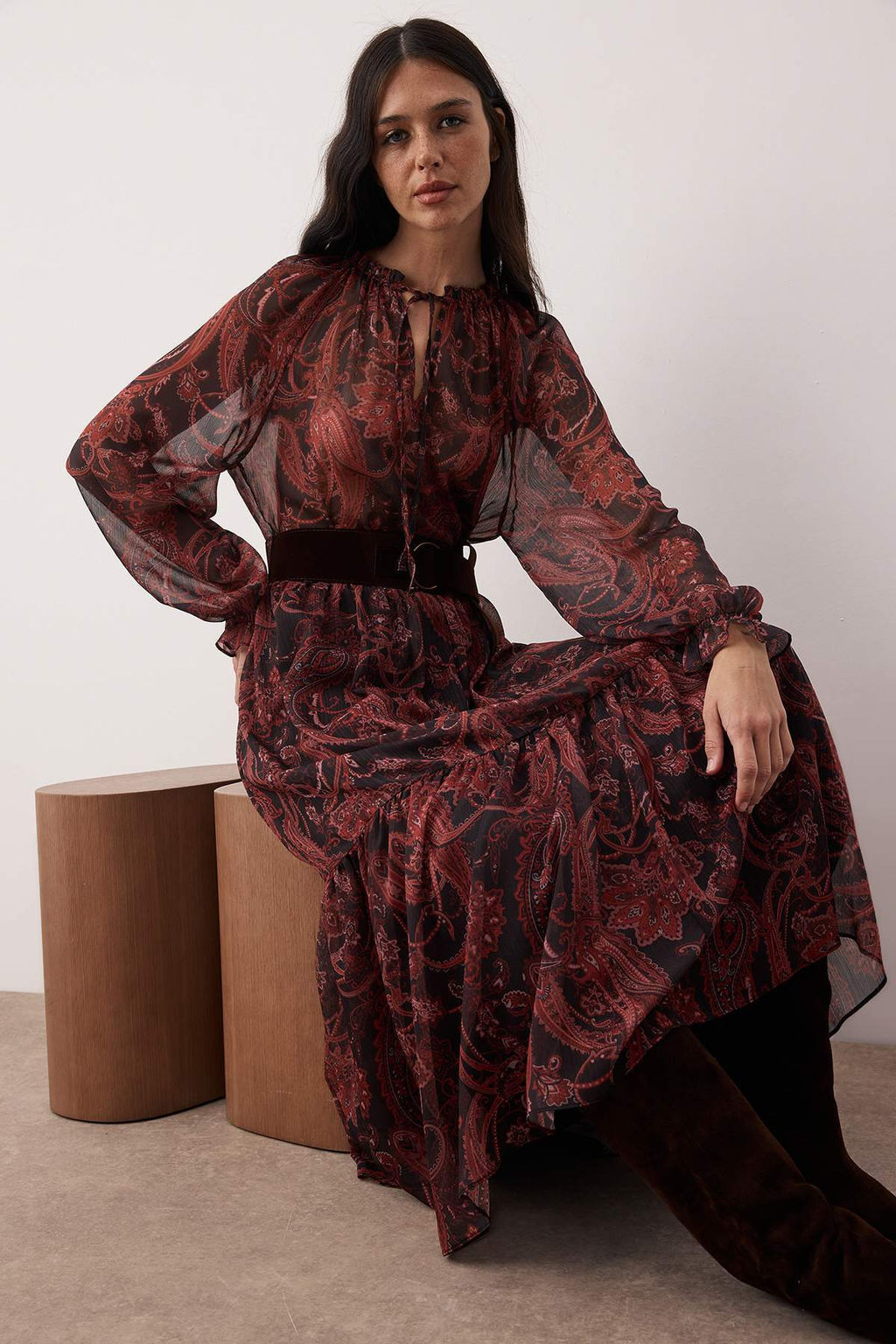 Cok Renkli Sal Desenli Suet Kemerli Maxi Astarl? Dokuma Elbise TWOAW26EL00327 - Trendyolmilla фото 5