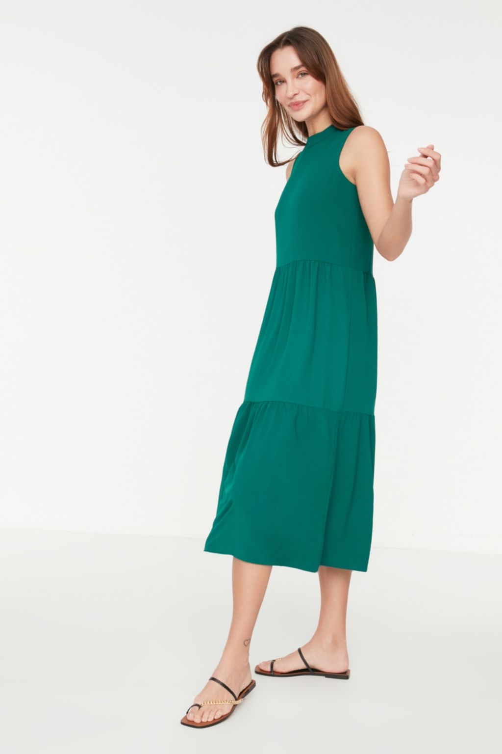 Zumrut Yesili Shift/Duz Kesim Dik Yaka Midi Dokuma Elbise TWOSS20EL1864