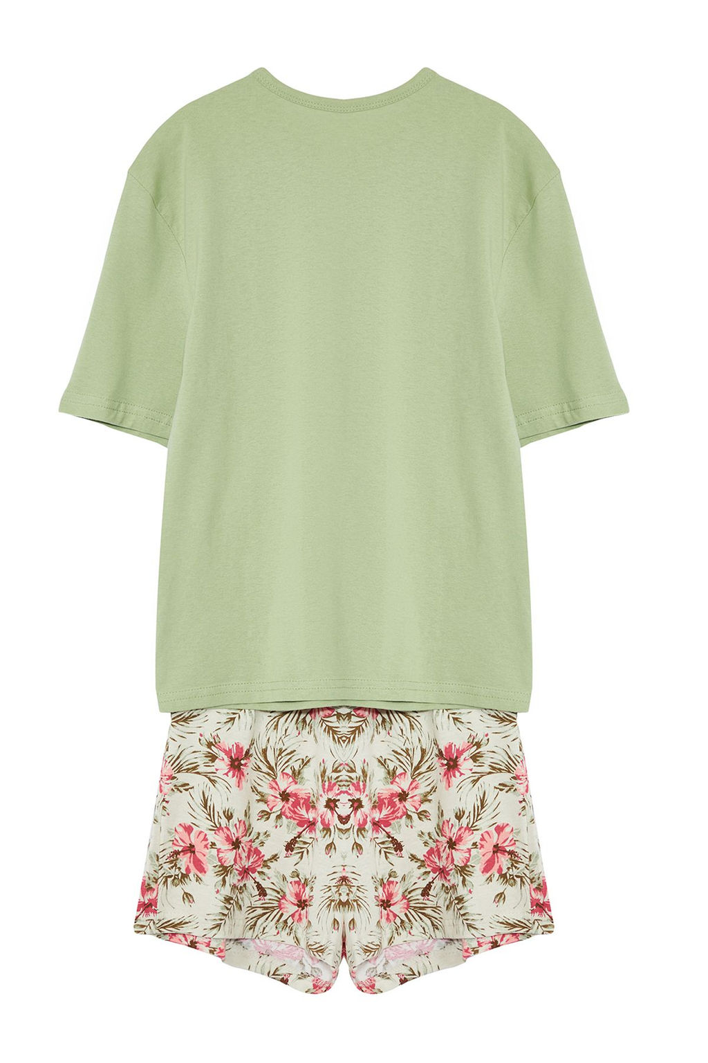 Yesil %100 Pamuklu Cicekli Sortlu Orme Pijama Tak?m? THMSS24PT00386