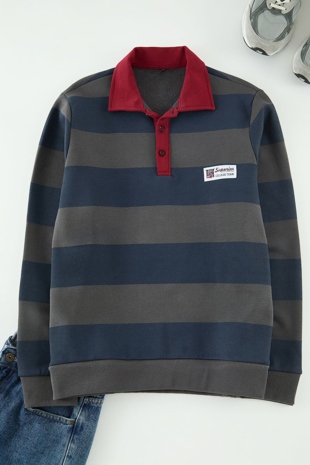TRENDYOL MAN Lacivert Regular/Normal Kesim Polo Yaka Cizgili Ici Polar/S?cak Tutan Sweatshirt TMNAW24SW00240 - Trendyolmilla фото 12