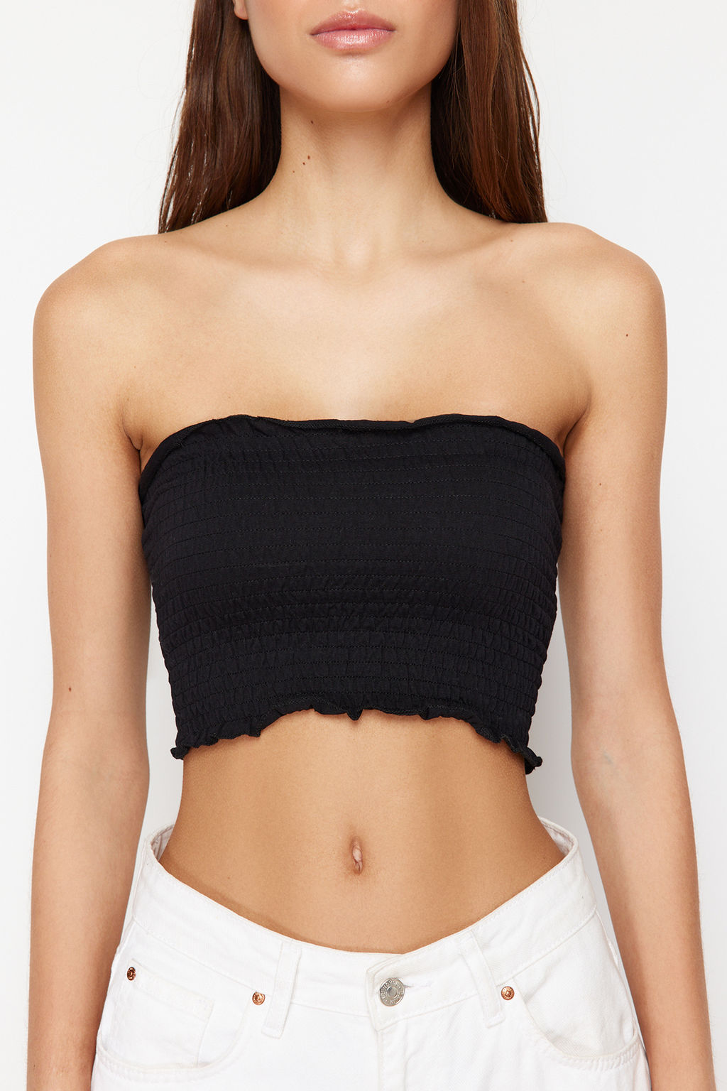 Siyah Straplez Gipeli Esnek Orme Bluz TWOSS23BZ01011