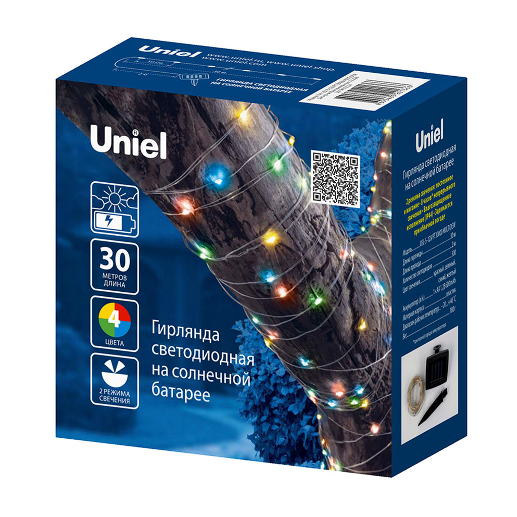USL-S-128/PT30000 MULTI DEW Садовая гирлянда на солнечной батарее Роса. 300 светодиодов. Разноцветный свет. 1*АА Ni-Mh аккумулятор в/к. IP44. TM Uniel