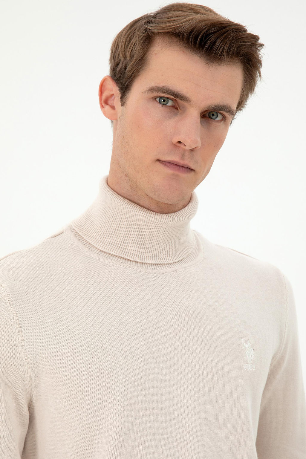 Erkek Slim Fit Bo_azl_ Yaka Krem Melanj Basic Kazak