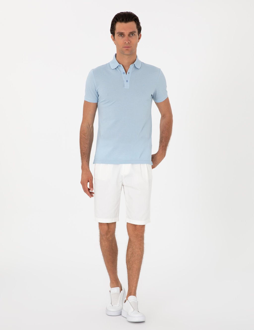 Buz Mavisi Slim Fit Polo Yaka Pamuklu Basic T-shirt