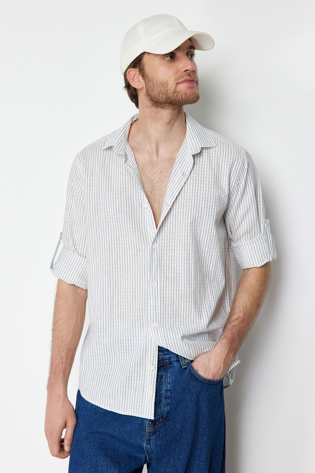 TRENDYOL MAN Premium Camel Regular Fit Keten Kar?s?ml? Cizgili Gomlek TMNSS23GO00134 - Trendyolmilla фото 3