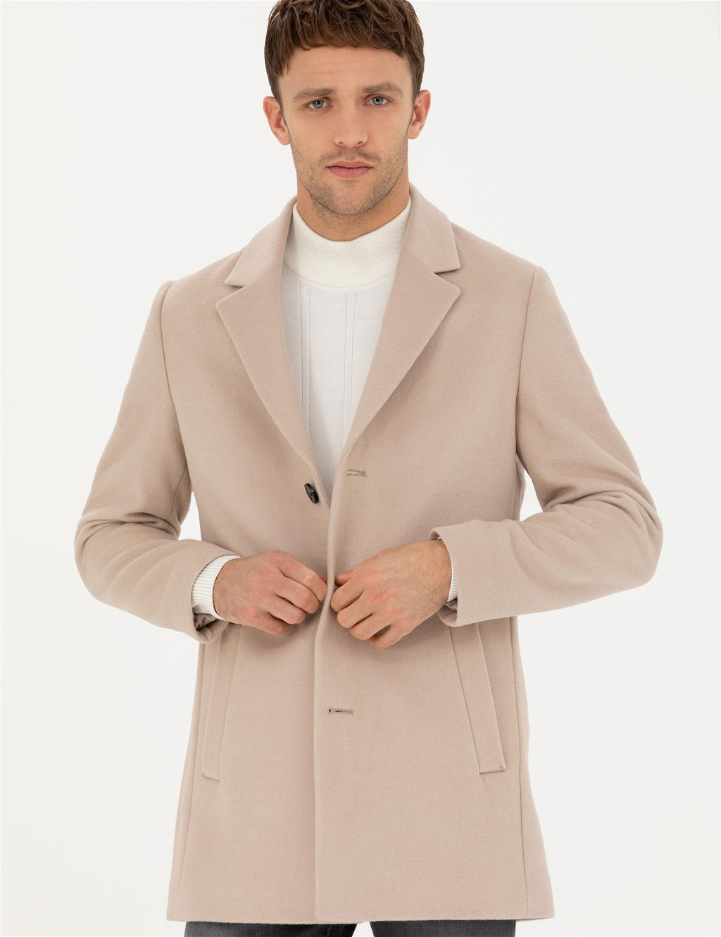 Bej Ekstra Slim Fit Y_n Kar___ml_ Ka_e Kaban - Pierre cardin фото 3