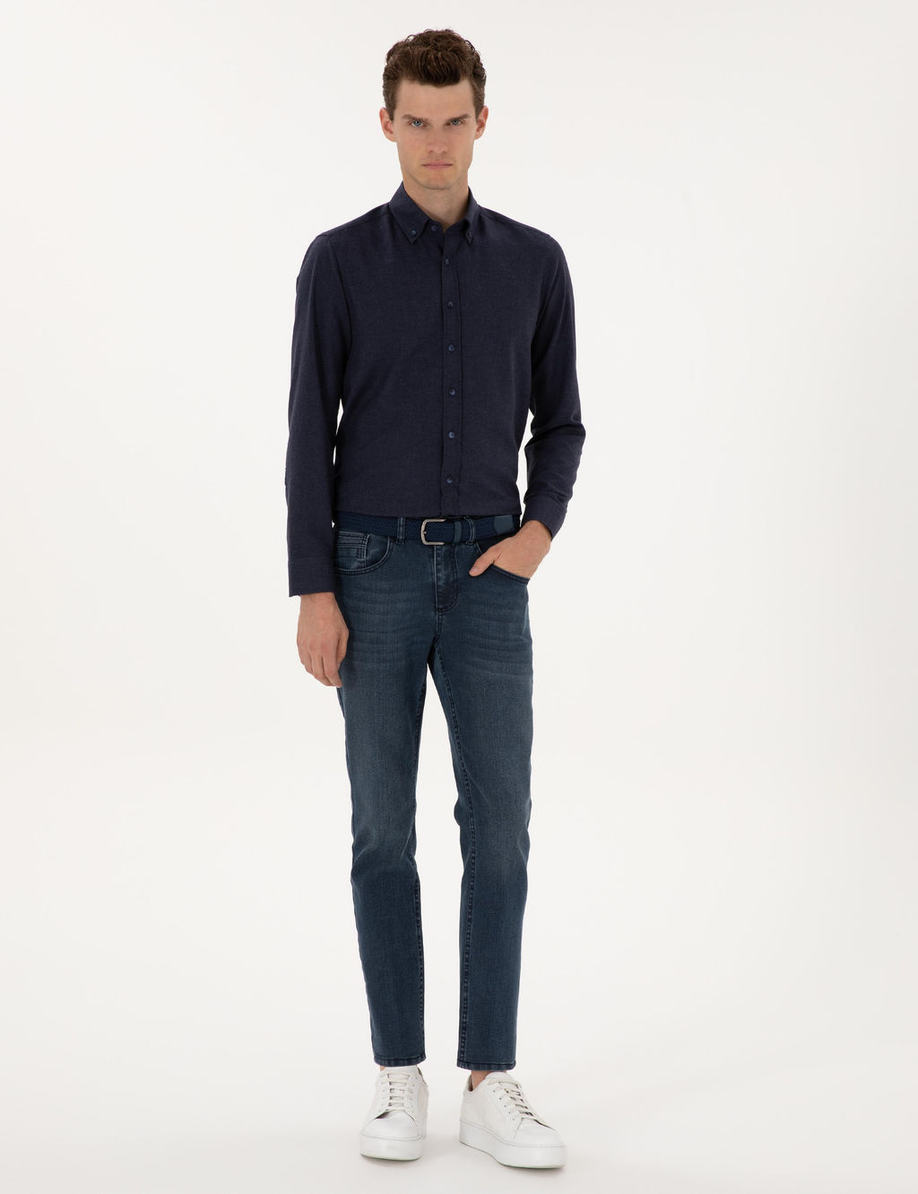 Lacivert Flanel Dokulu Slim Fit Uzun Kollu G_mlek