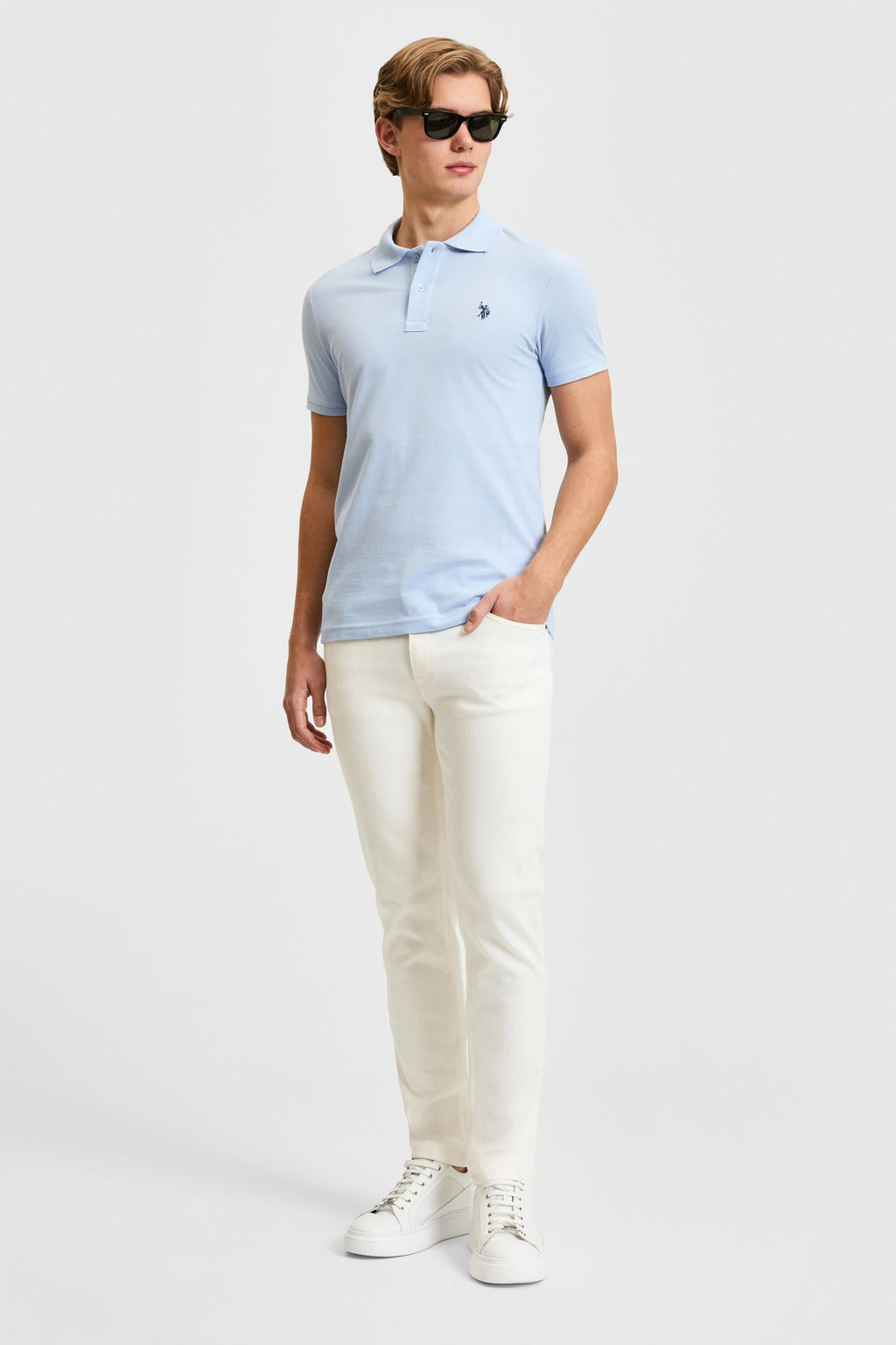 Erkek Slim Fit Polo Yaka A__k Mavi Basic Ti__rt