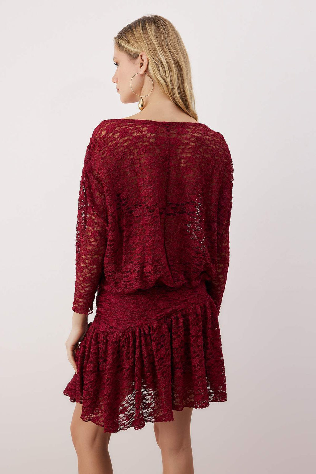 Bordo Boho Orme Dantel Mini Elbise TPRAW26EL00046