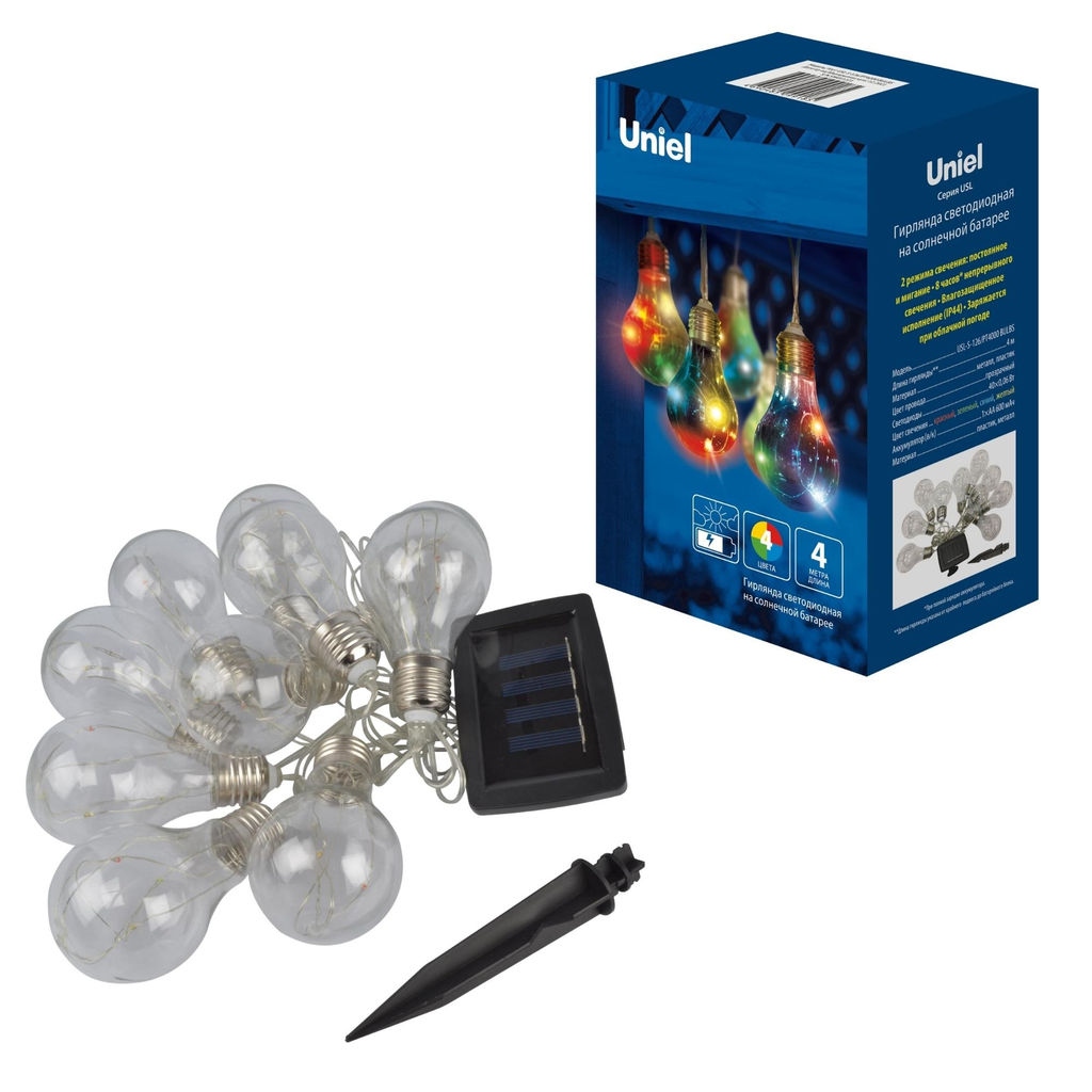 USL-S-126/PT4000 BULBS Садовая гирлянда на солнечной батарее Лампочки. 40 светодиодов. Разноцветный свет. 1*АA Ni-Mh аккумулятор в/к. IP44. TM Uniel