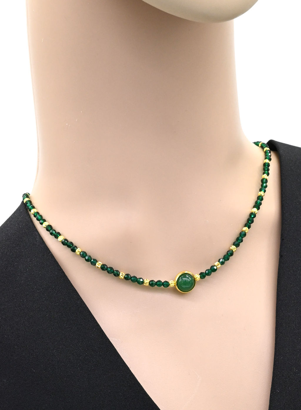 Чокер на шею из циркона с кварцем шарик 3мм цв.зеленый, 39см