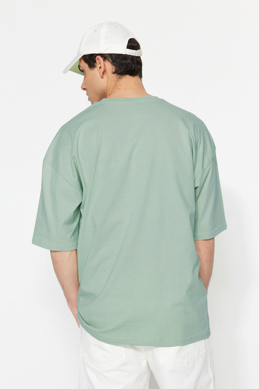 Koyu Mint Oversize/Genis Kesim %100 Pamuk K?sa Kollu Basic T-Shirt TMNSS22TS0318