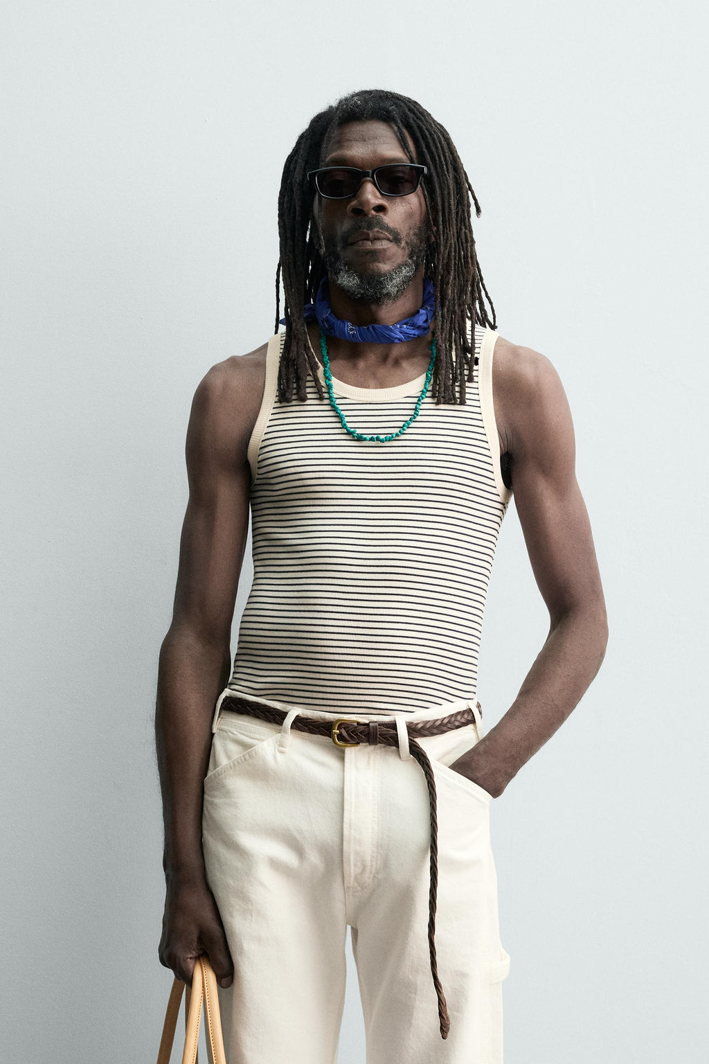 CAMISETA TANK JACQUARD RAYAS X AARON LEVINE / Crudo / Azul