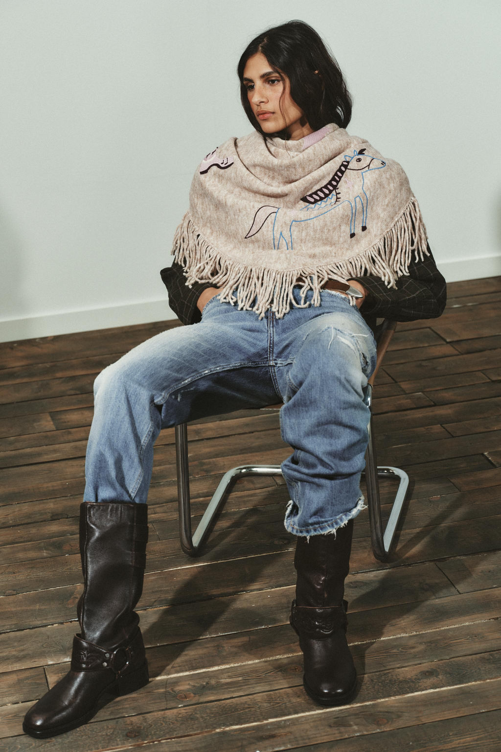 EMBROIDERED FRINGED SHAWL