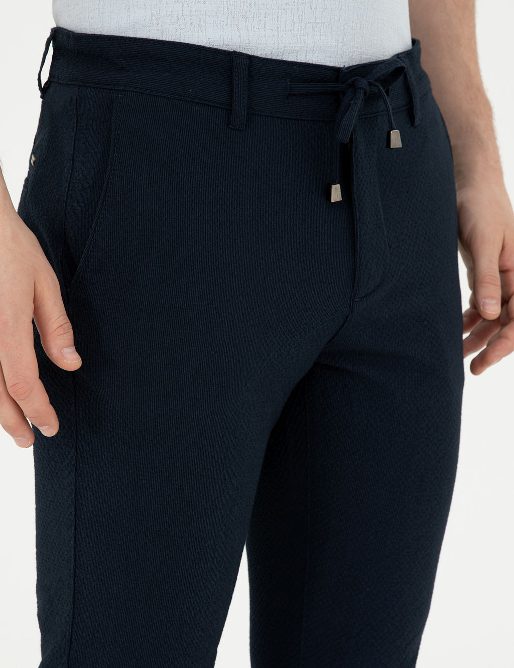Lacivert Slim Fit Gofre Ba_c_kl_ Kanvas Pantolon