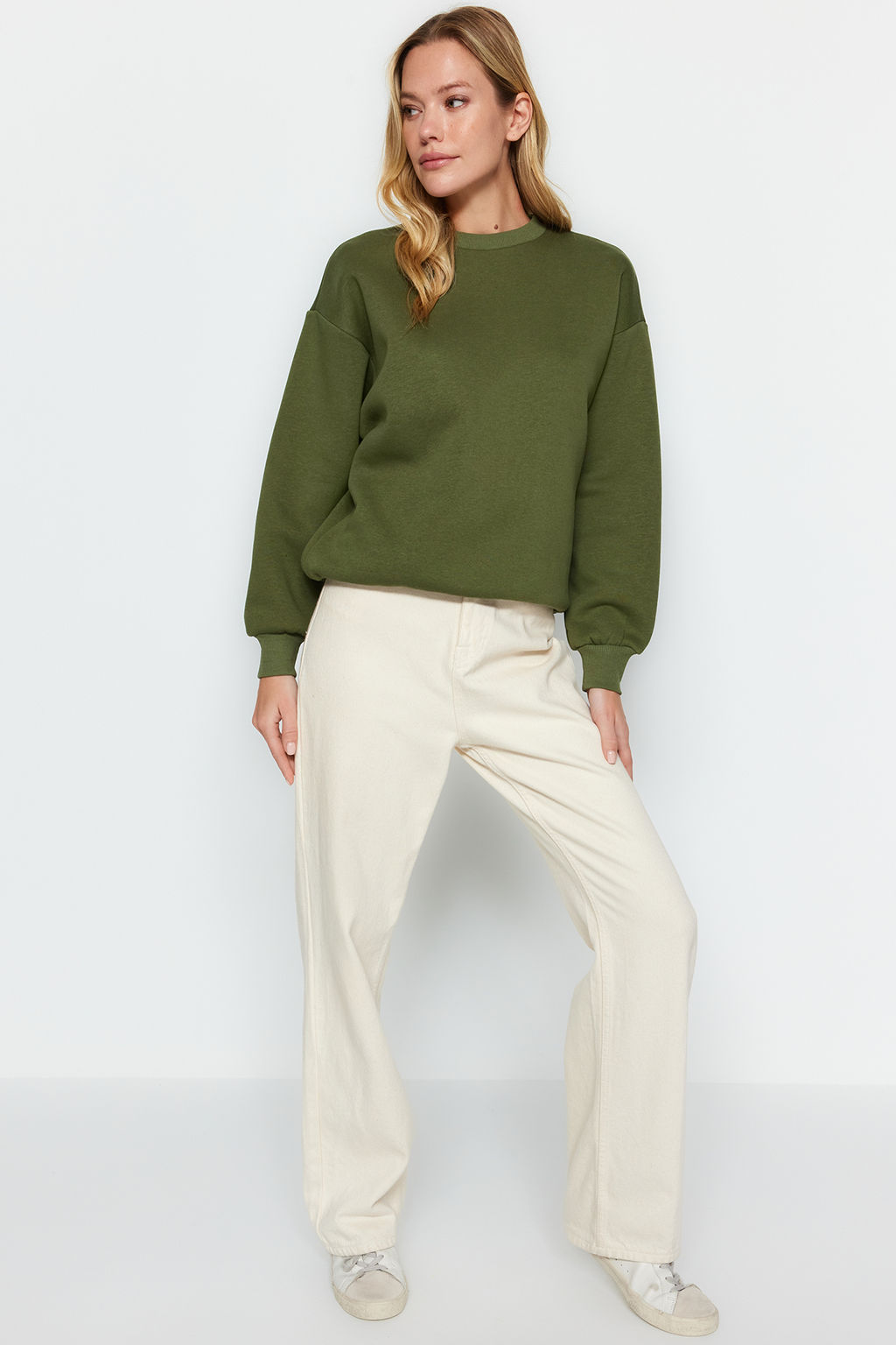 Haki Kal?n Ici Polarl? Regular/Normal Kal?p Bisiklet Yaka Basic Orme Sweatshirt TWOAW24SW00101