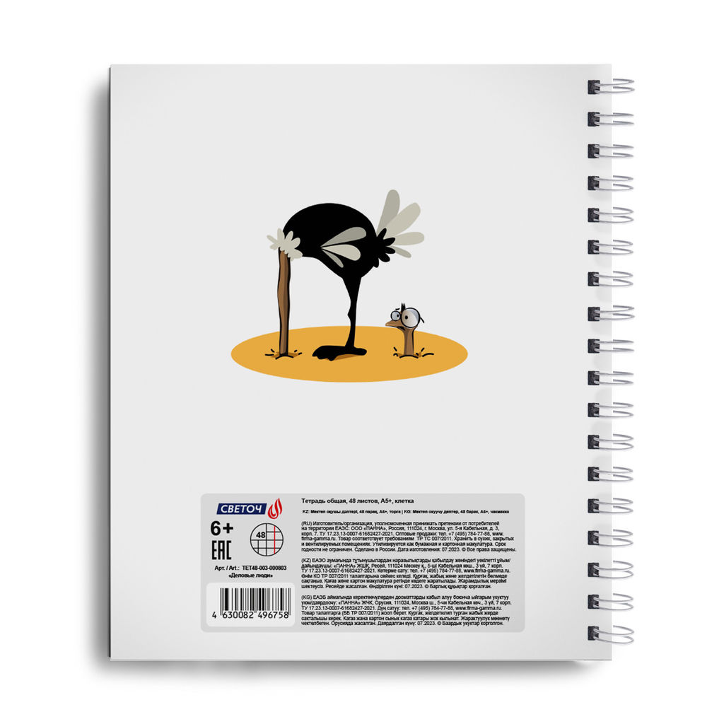 Светоч ТЕТ48-003 Тетрадь общая с запечатан. пластик. обложкой, 500 мкм., A5 48 л. на гребне 65 г/кв.м , белизна 100 % 4 шт. клетка 000803 Деловые люди