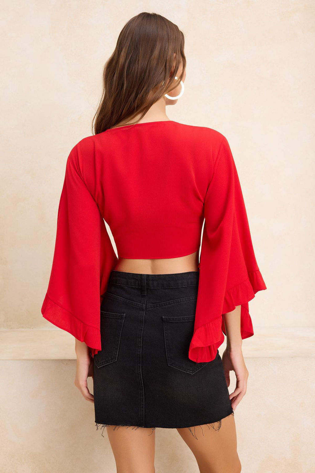 K?rm?z? Dokuma Volanl? Plaj Crop Bluz TBESS19BB0095