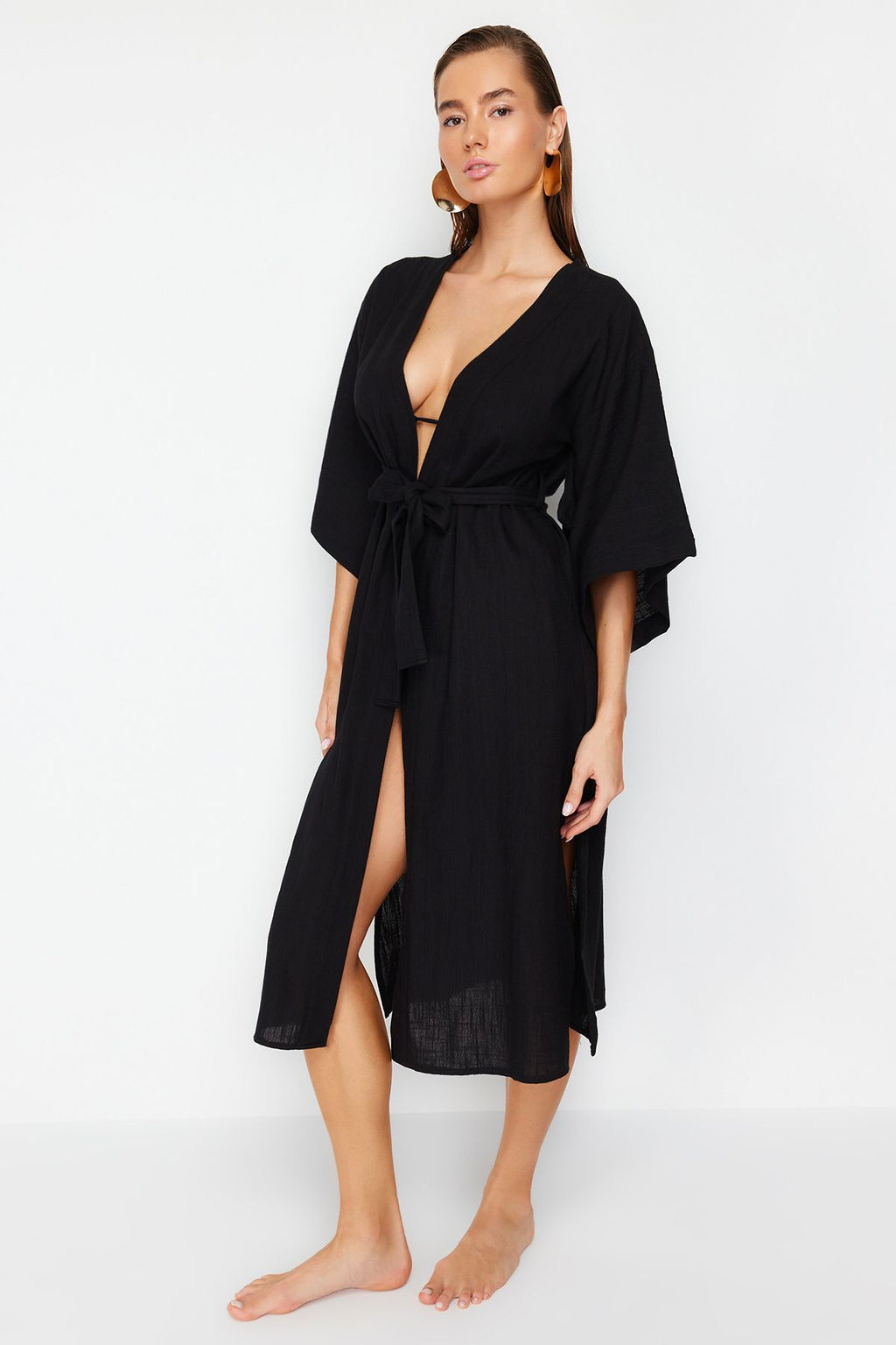 Bej Kusakl? Maxi Dokuma Keten Gorunumlu Plaj Kimono&Kaftan TBESS23KM00058 - Trendyolmilla фото 10
